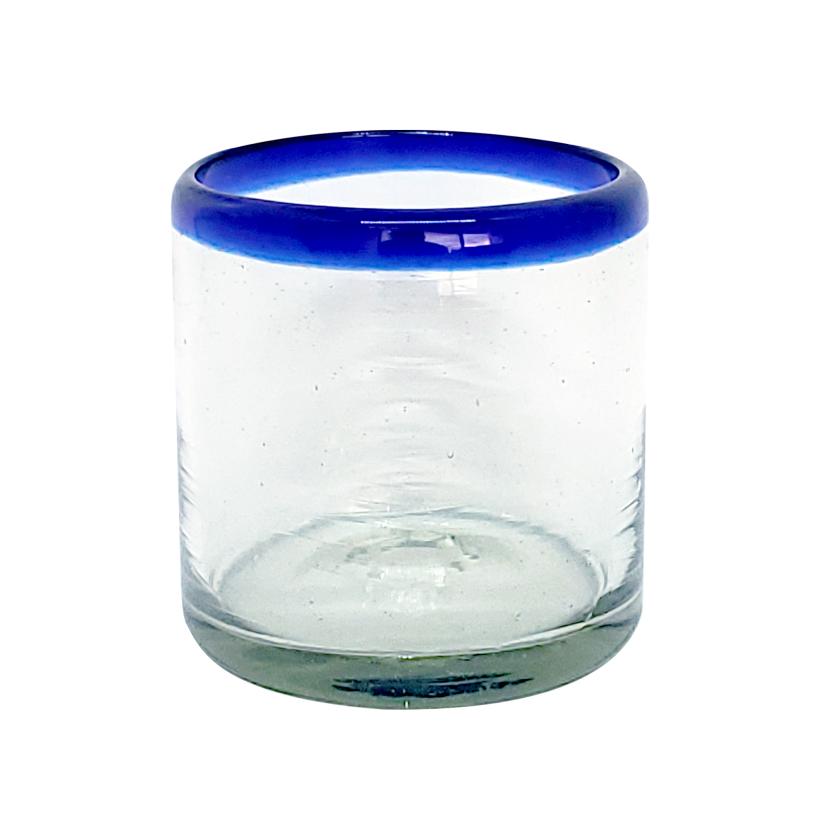 VIDRIO SOPLADO / Juego de 6 vasos roca con borde azul cobalto / stos artesanales vasos le darn un toque clsico a su bebida favorita en las rocas.